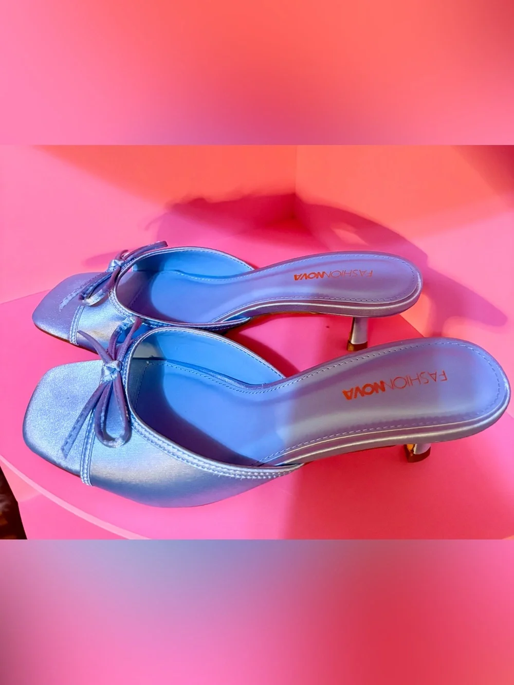 Fashion Nova Satin Bow Mule Heels in Periwinkle Blue